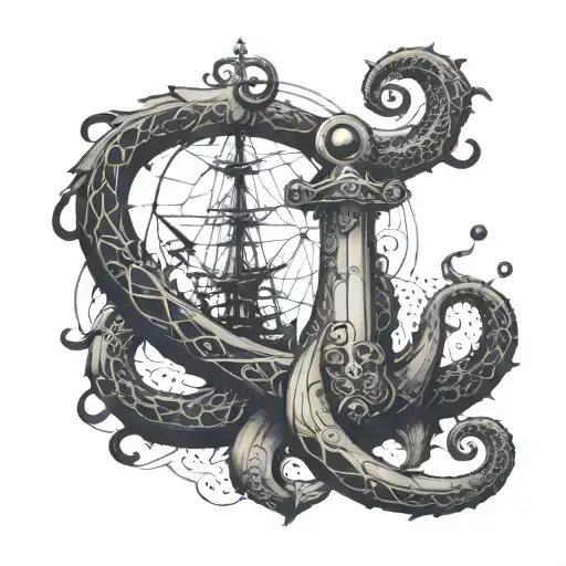 a black, full anchor, then a kraken trying to grab it. The style must be influenced by Mucha tattoo design idea