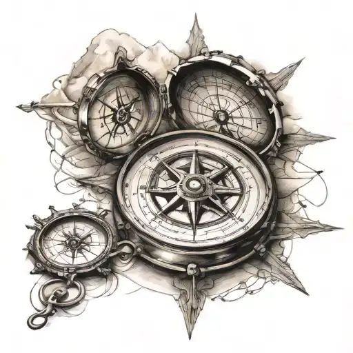 I want a pirate compass with decent detail and detailed shading with moutains blened behind it tattoo design idea