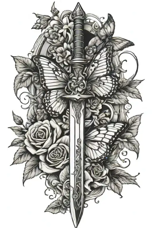 sword with butterfly and flowers tattoo design idea