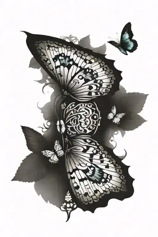 An iron spine protrudes from under the patches of skin on his back. Life cycle of a butterfly. Biomechanic tattoo design idea
