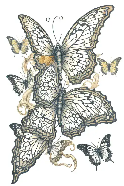 An iron spine protrudes from under the patches of skin on his back. life cycle of a butterfly. biomechanic tattoo design idea
