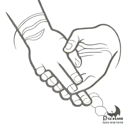 A minimalist design of a father holding hands with his child, with a subtle Batman logo incorporated into the background tattoo design idea