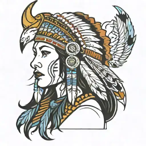 pinup native American with buffalo headress pattern incorporating tattoo design idea