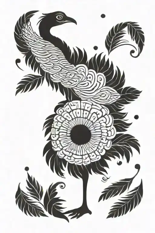 Emu silhouette surrounded by intricate feather patterns tattoo design idea