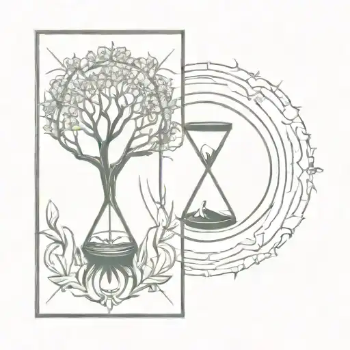 hourglass with tree of life in the center and sun and moon in the corners tattoo design idea