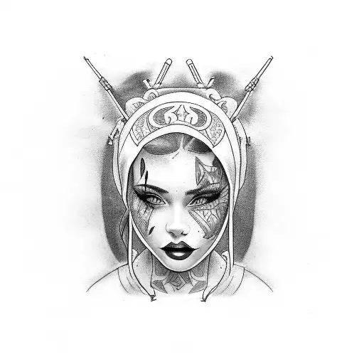 beautiful young woman with tattoos on her face. gangster style tattoo design idea