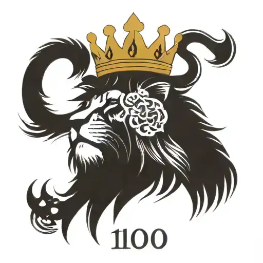 lion with tilted crown and birth date tattoo design idea