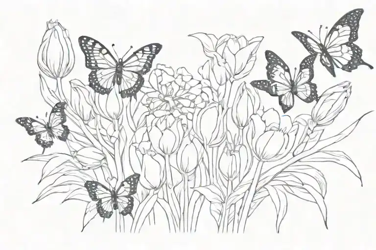 tulips and butterflies inside a frame  tattoo design idea