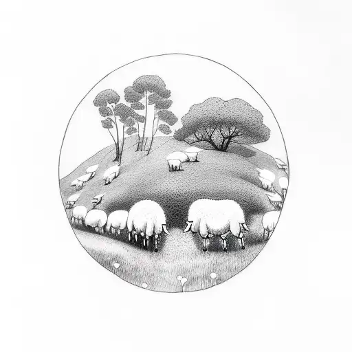 A minimalist tattoo of a group of sheep and goats grazing peacefully in a meadow tattoo design idea