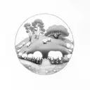 A minimalist tattoo of a group of sheep and goats grazing peacefully in a meadow tattoo design idea
