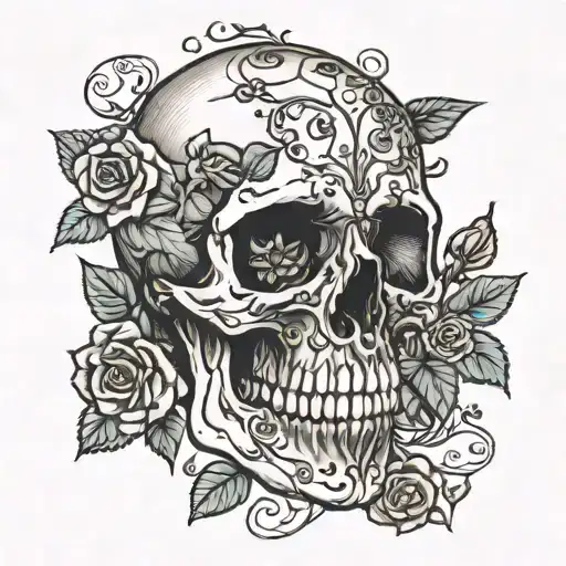 A skull without the jaw, intertwined in rose vines and one flower comes through one of the eye sockets  tattoo design idea