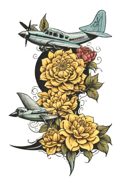 uncle toni writen in calligraphy a plane and a dahlia flowers growing tattoo design idea
