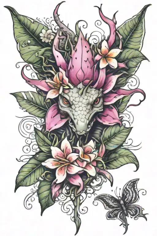 dragonfruit plant dragon face plumeria flowers tattoo design idea