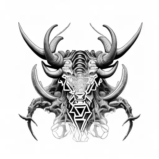 Big head of Taurus zodiac sing, his head to be half in bones half in skin with sone flames coming out of it. tattoo design idea