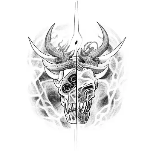 Big head of Taurus zodiac sing, his head to be half in bones half in skin with sone flames coming out of it. tattoo design idea