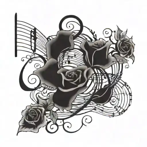 A hauntingly beautiful composition of music notes intertwined with thorny vines and dark roses tattoo design idea