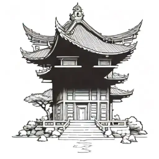 Japanese temple with samurai warrior tattoo design idea