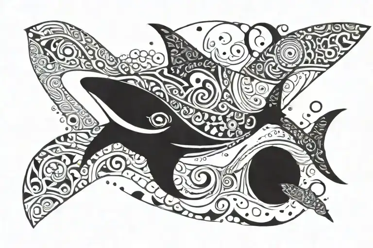 Tribal design whale-shark tattoo that incorporates a world map. Black, white and shading only. tattoo design idea