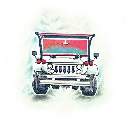 A traditional tattoo of a vintage jeep driving through a forest tattoo design idea