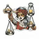 blindfolded woman holding scales representing light and darkness  tattoo design idea