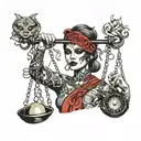 blindfolded woman holding scales representing light and darkness  tattoo design idea