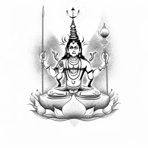 A dotwork tattoo of Lord Shiva sitting on top of the Shrikhand Mahadev peak, with a spiritual quote in the background tattoo design idea
