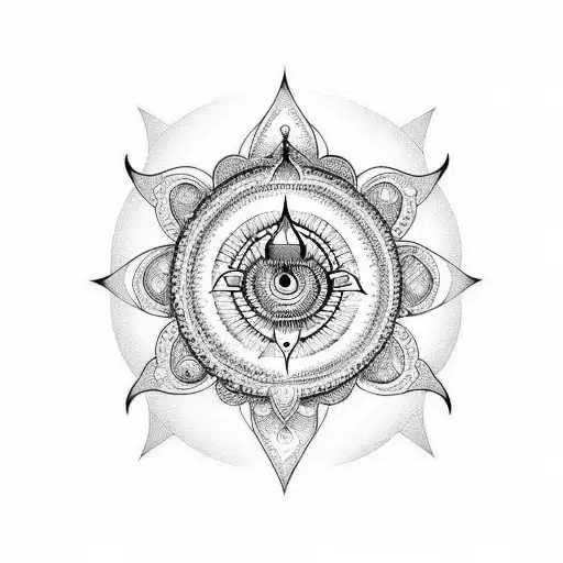 A blackwork tattoo of Lord Shiva's third eye surrounded by a mandala design tattoo design idea