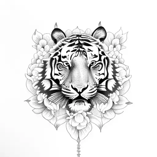 tiger with lily and hibiscus flowers tattoo design idea