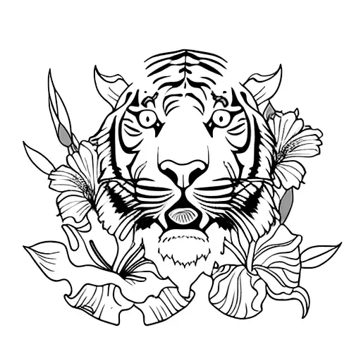 tiger with lily and hibiscus flowers tattoo design idea
