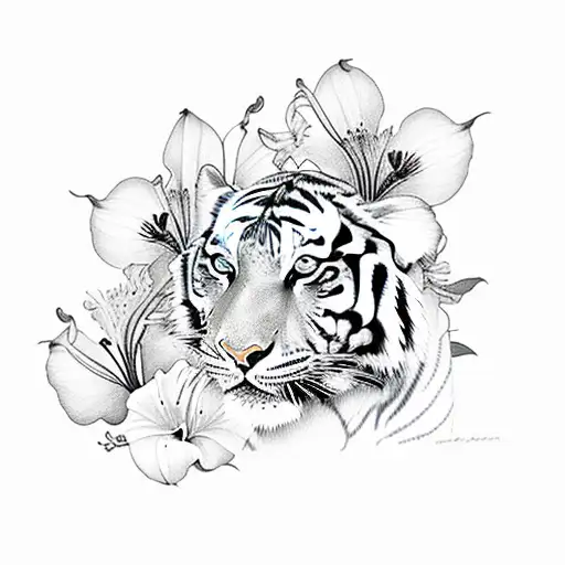 tiger with lily and hibiscus flowers tattoo design idea