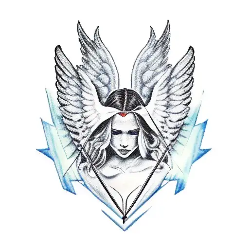 angel with wings that shoots arrow to a broken heart tattoo design idea