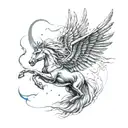 Pegaso flying with open wings in thunder storm tattoo design idea
