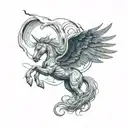 Pegaso flying with open wings in thunder storm tattoo design idea