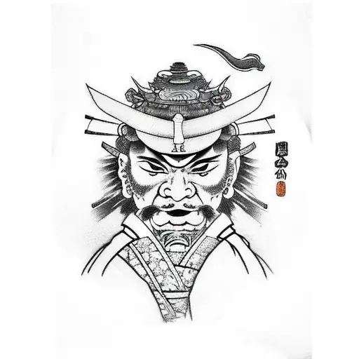 Samurai warrior with dragon and blossoms  tattoo design idea