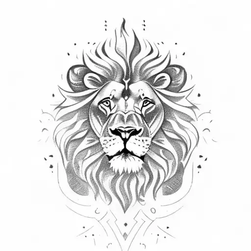 Lion with fire as its mane, Greek lettering on it tattoo design idea