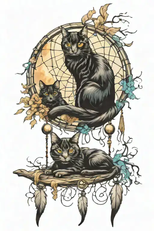 gothic witch crescent moon dream catcher  with black cats  tattoo design idea