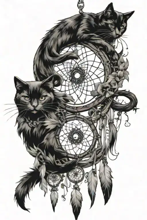 gothic witch crescent moon dream catcher entangled with black cats  tattoo design idea