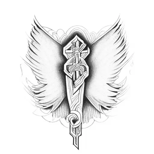 one angel wing with cross overlaying in the middle tattoo design idea