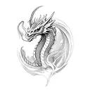 A mythical dragon emerging from a computer screen, breathing lines of code instead of fire tattoo design idea
