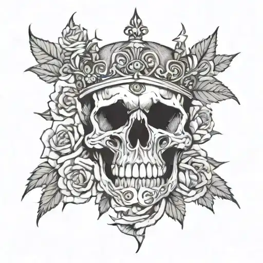Skull wearing a crown made of thorns surrounded by dark roses tattoo design idea