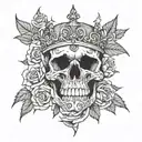Skull wearing a crown made of thorns surrounded by dark roses tattoo design idea
