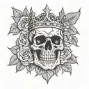 Skull wearing a crown made of thorns surrounded by dark roses tattoo design idea