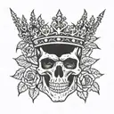 Skull wearing a crown made of thorns surrounded by dark roses tattoo design idea