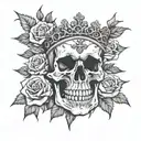 Skull wearing a crown made of thorns surrounded by dark roses tattoo design idea