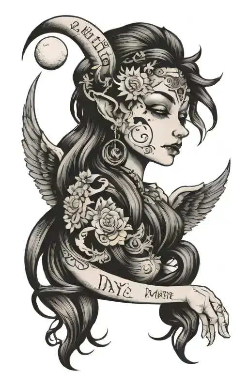 "day dreamer night thinker" inscription day and night sun and moon tattoo design idea