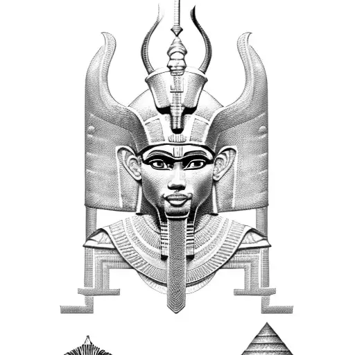 A stylized depiction of an Egyptian pharaoh wearing armor embellished with runic inscriptions, symbolizing strength and protection tattoo design idea