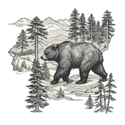 bear walking forest California map outline tattoo design idea