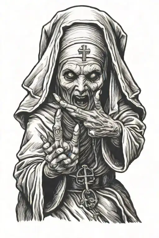 Scary Nun showing middle finger tattoo design idea