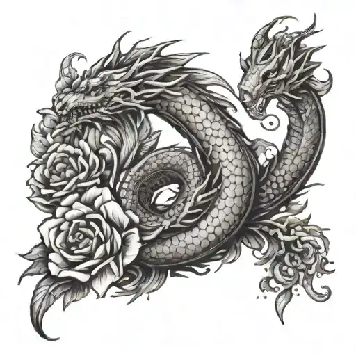 Phoenix Dragon holding snake with flowers tattoo design idea