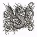 Phoenix Dragon holding snake with flowers tattoo design idea